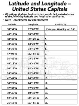 Latitude and longitude elementary worksheets. Latitude and Longitude Worksheet - U.S. Capitals | TpT