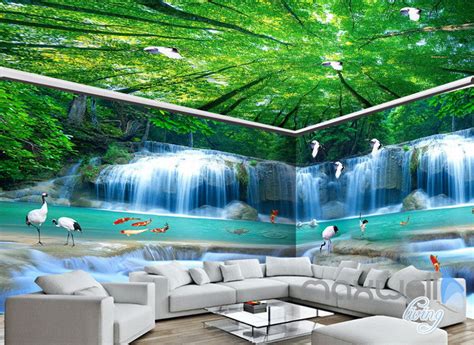3d Fish Waterfall Tree Top Ceiling Entire Room Wallpaper Wall Mural Ar