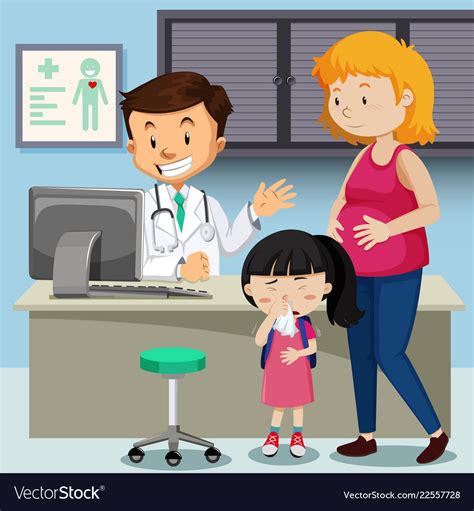 pregnant mother with sick girl meeting doctor vector image