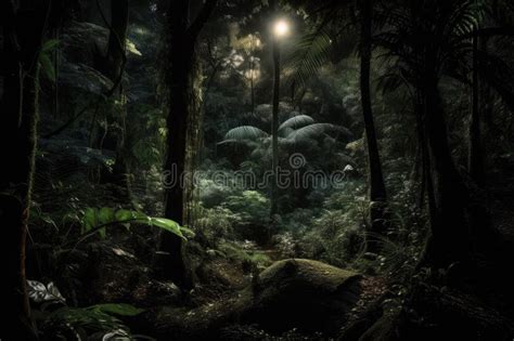 Dark Rainforest At Night With The Glow Of The Moon Illuminating The