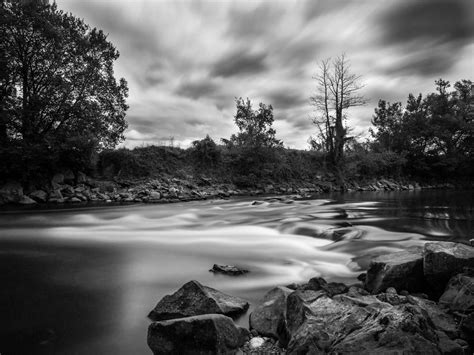 Landscape Grayscale Photography Of River And Trees Under Cloudy Sky