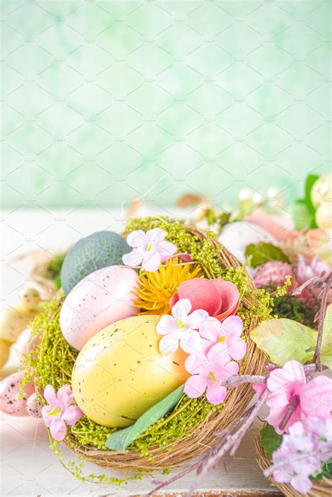 Easter Eggs And Spring Flowers Background Holiday Stock Photos