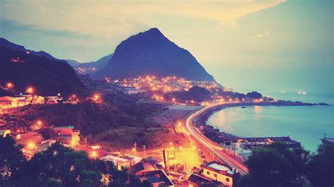 Download Wallpaper 1920x1080 Mountains City Lights Sea Evening Full