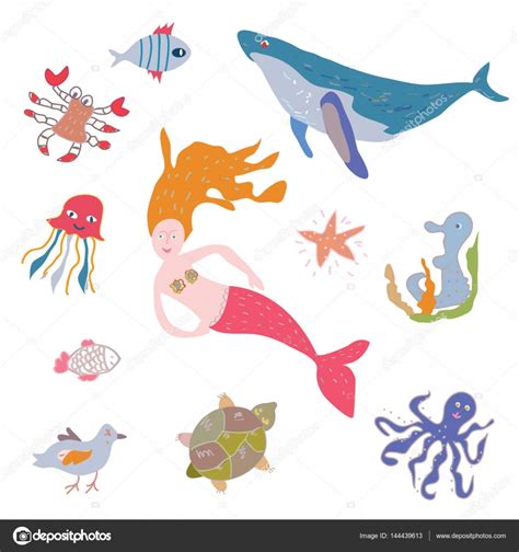 Sea Life Animals And Mermaid Set Stock Vector Image By ©tasia12 144439613