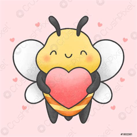 Cute Bee Holding Heart Cartoon Hand Drawn Style Stock Vector 1802381
