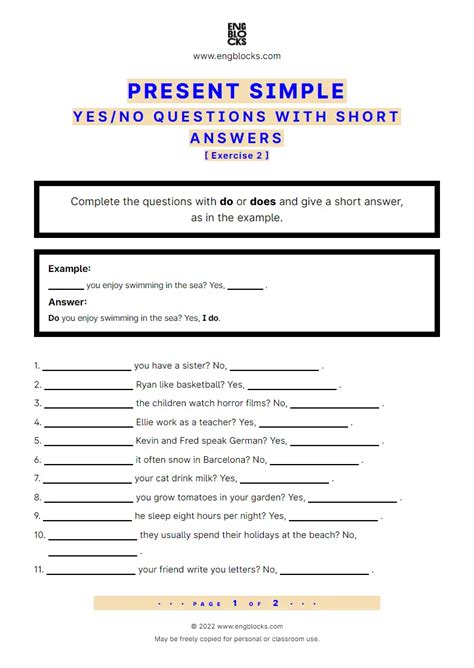 Present Simple Short Answers Worksheet English Grammar
