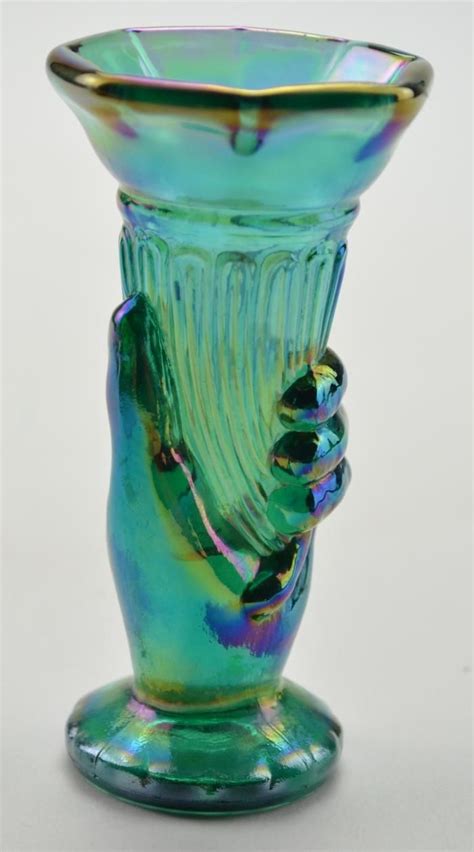Fenton Art Glass Bud Vase Vintage Green Iridescent Carnival Glass 4