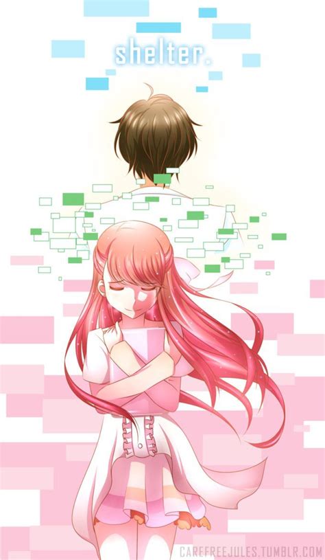 Two Anime Characters Hugging Each Other In Front Of A Pink And White