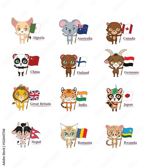 Animals With Flags Representing Their Countries National Anima Stock