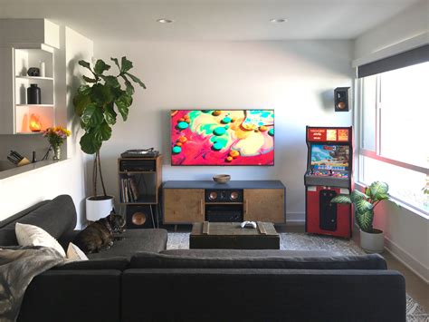 The cleanest living room tech setup!! My contemporary meets mid-century living room in Los Angeles. #interiordesign #midcentury #cond ...