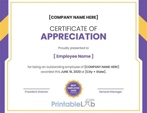 An Employee Appreciation Certificate Is Shown In Purple And Yellow