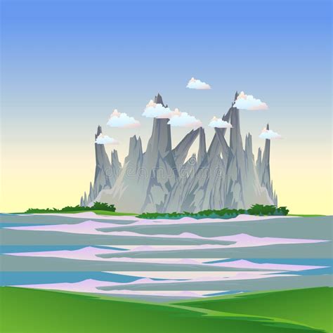 Nature Cartoon Landscape With Mountain Forest Field Cloud River In