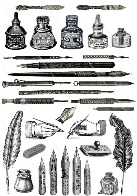 Vintage Pens Clip Art Digital Collage Sheet Fountain Pen Feather Quill