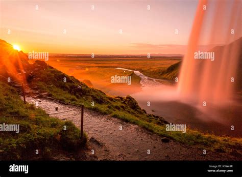 Iceland Landscape Seljalandsfoss Waterfall At Sunset Picture Taken