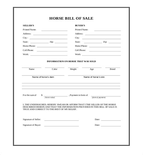Printable Horse Bill Of Sale Form