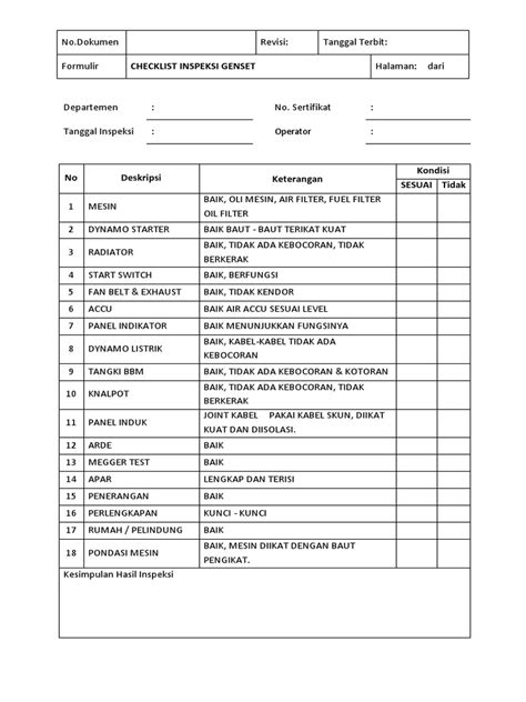 Form Check List Inspeksi Genset Pdf