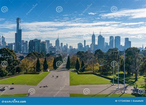 Melbourne Cityscape With Central Business District And Park Stock Photo