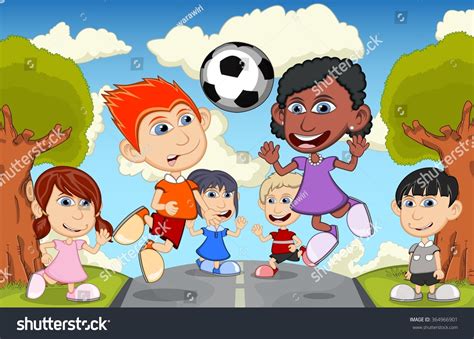 Children Playing Soccer On The Street Cartoon Vector Illustration