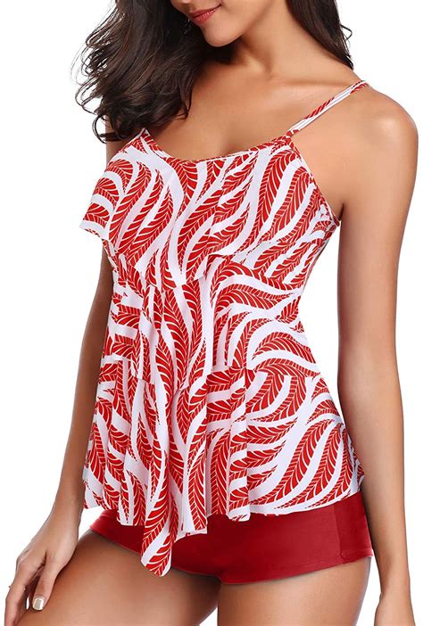 Holipick Women Tankini Swimsuits 2 Piece Flounce Printed Top Red Size