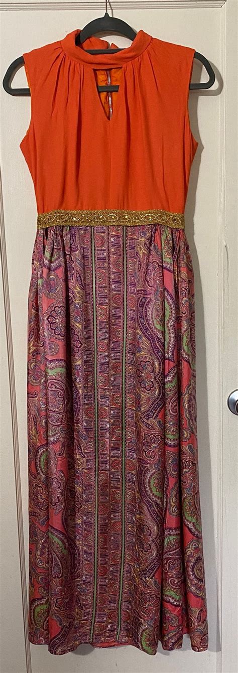 1960s psychedelic maxi gown empire waist paisley f… gem