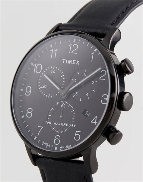 Timex Tw R Waterbury Classic Chronograph Leather Watch In Black