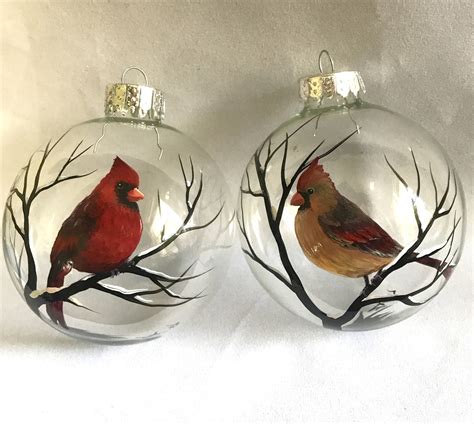 Cardinal Ornament Set Of Two Male Female Red Bird Winter Clear