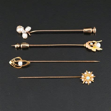 Antique 14k Stick Pins Featuring Krementz Pearls Opal And Diamonds Ebth