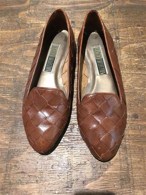 Size 10 Woven Leather Flats In Tan Etsy Leather Slip On Shoes