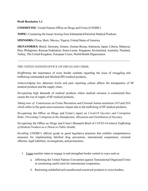 Draft Resolution 1 Of The Course Draft Resolution 1 Committee