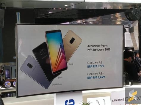 Samsung galaxy a8 (2018) is an upcoming smartphone by samsung with an expected price of myr in malaysia, all specs, features and price on this page are unofficial, official price, and specs will be update on official announcement. Samsung Galaxy A8/A8+ (2018) with dual-selfie cameras have ...