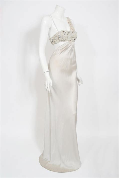 2000 Ungaro Haute Couture Crystal Beaded Asymmetric Cut Out Ivory Silk