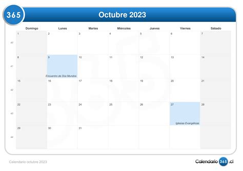 Calendario Octubre 2023 Para Imprimir