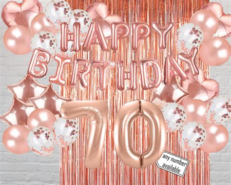 Happy 70th Birthday Rose Gold Balloon Banner Photo Booth Backdrop Party