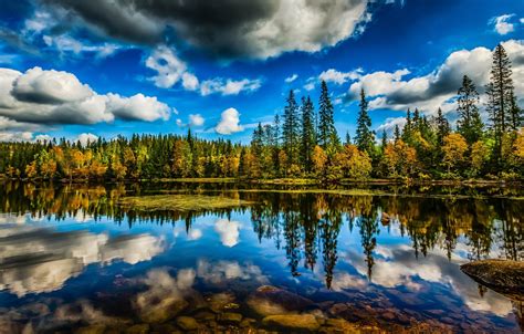 Wallpaper Forest The Sky Clouds Trees Lake Reflection Hdr Norway