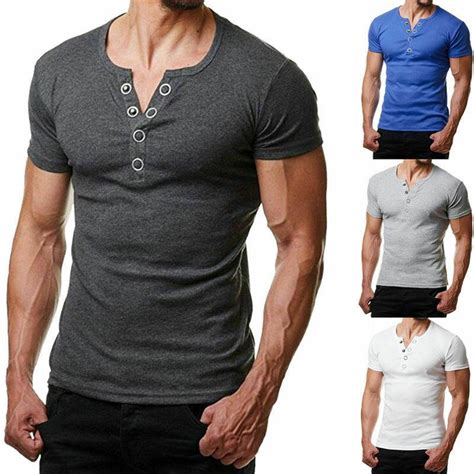 2020 Mens Slim Fit V Neck Short Sleeve Muscle Tee T Shirt Casual Tops Henley Shirts Solid