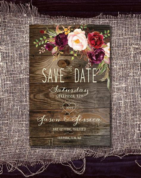 Save The Date Magnet Rustic Wood And Burgundy Plum And Etsy Wedding Invitations Rustic