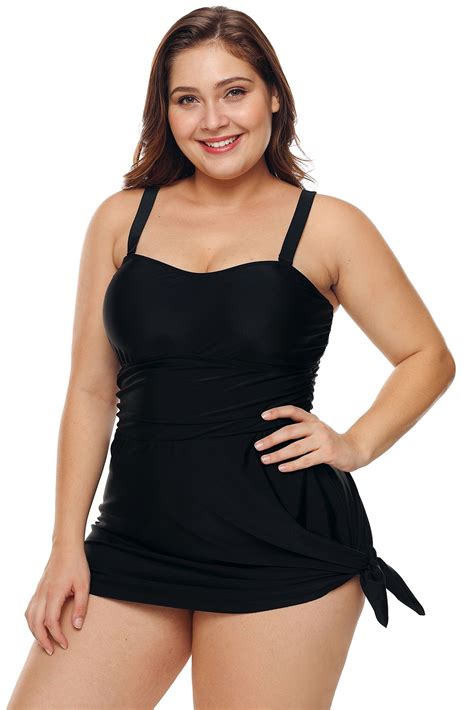 Black Plus Shoulder Straps Skater Swimdress Swimwear Beach Looks Plus