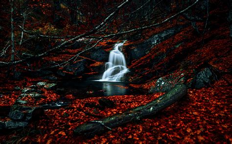 3840x1080 Dual Monitor Wallpaper Dark Waterfalls Forest Woods Leaves