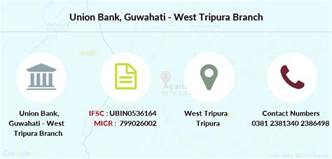 Its customers are served from 5 locations. Union Bank Guwahati - West Tripura IFSC Code UBIN0536164