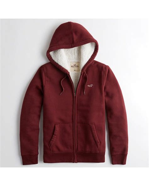 Hollister Sherpa Lined Full Zip Icon Hoodie In Red For Men Lyst Uk