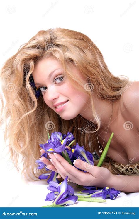 Blonde With Iris Flowers Stock Image Image Of Bouquet 13537171