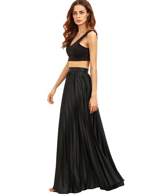 Pleated Flare Floor Length Skirt With Zipper Side Shein Sheinside