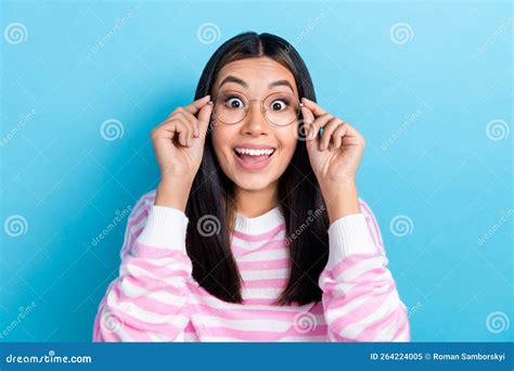 Photo Of Funny Excited Lady Wear Striped Sweater Arms Spectacles Open