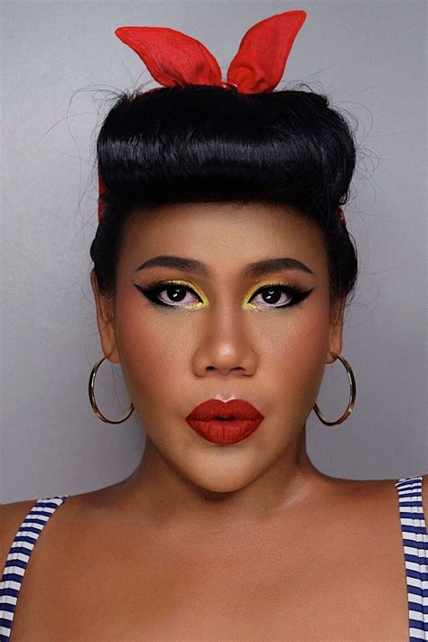 Winged Eyeliner Makeup Pinup Look Vintage Red Lipstick Yellow