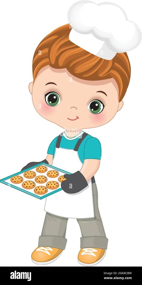 Cute Little Boy Wearing Chefs Toque Holding Tray With Cookies Vector