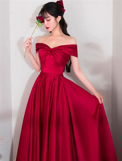 A Line Dark Red Satin Long Prom Bridesmaid Dress Florashe