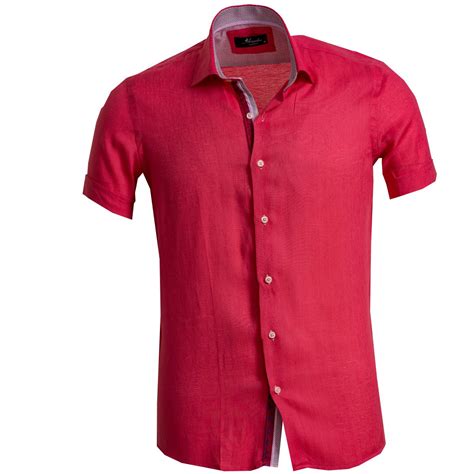 Solid Bright Red Mens Short Sleeve Button Up Shirts Tailored Slim