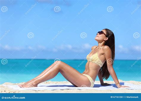 Beach Sunglasses Woman Sun Tanning In Bikini Stock Image Image Of