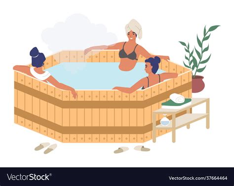 Happy Women Enjoying Barrel Japanese Hot Tub Bath Vector Image