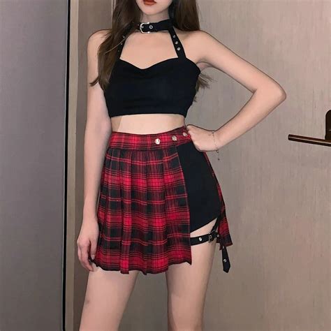 black asymmetrical high waist skirt summer harajuku punk style plaid irregular skirts leisure